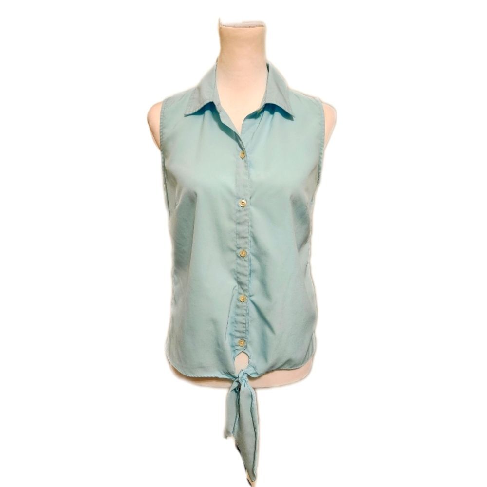Banana Republic sleeveless button down blouse w waist tie, blue Heaven, XS